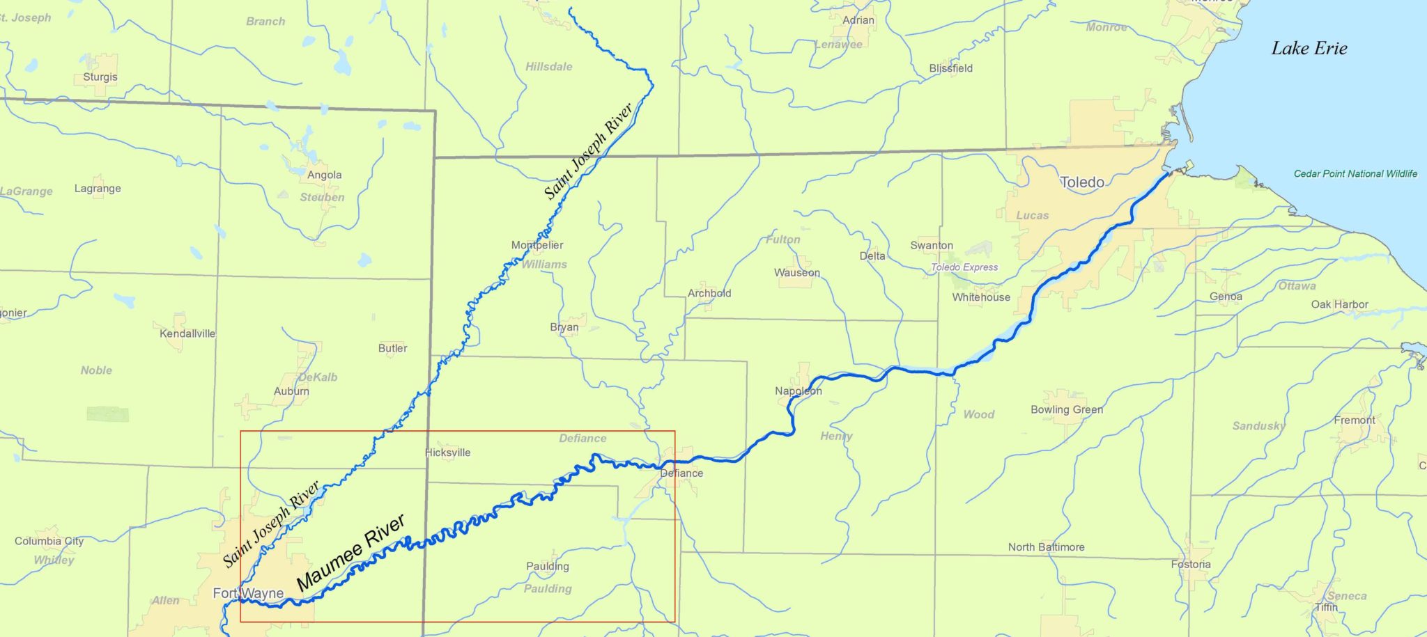 Map showing the complete Upper Maumee River for canoe and kayak adventures